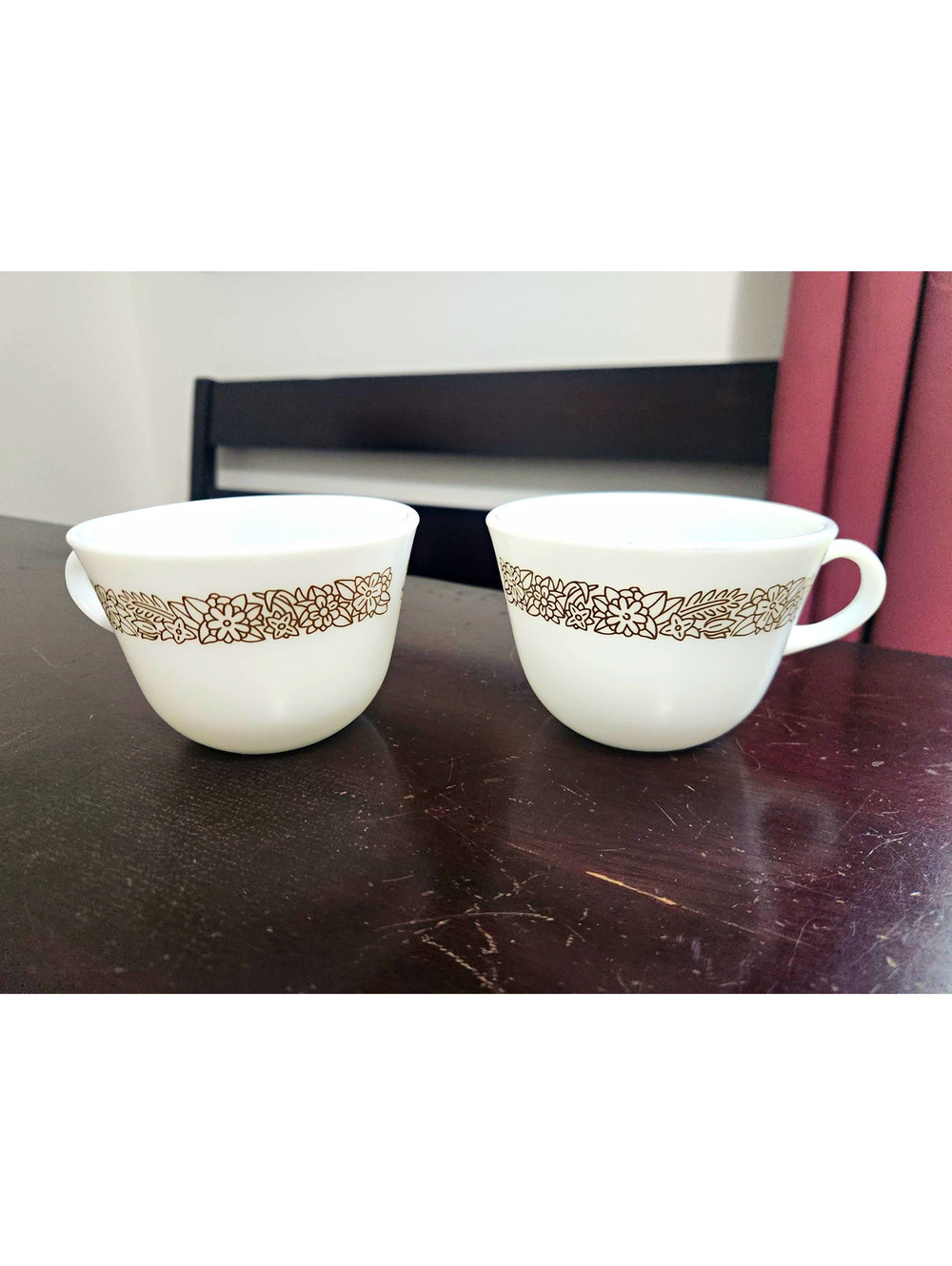 Set of 2 Pyrex White & Brown Floral Milk Glass Tea Cups with Handles